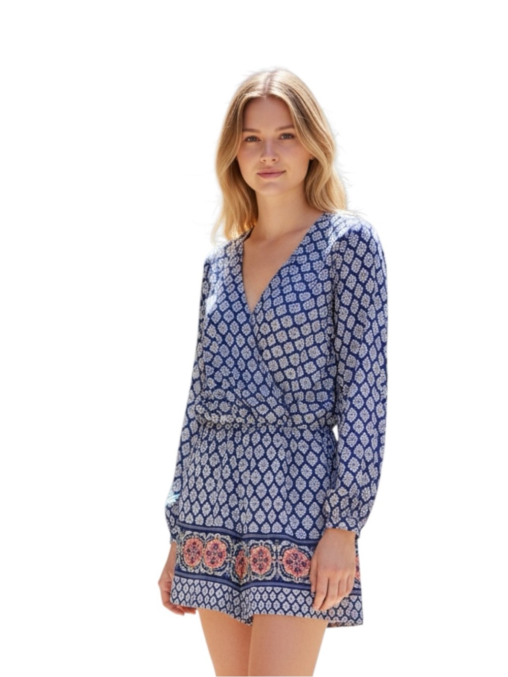 everleigh Blue Romper with Light Pink Damask Print Size L